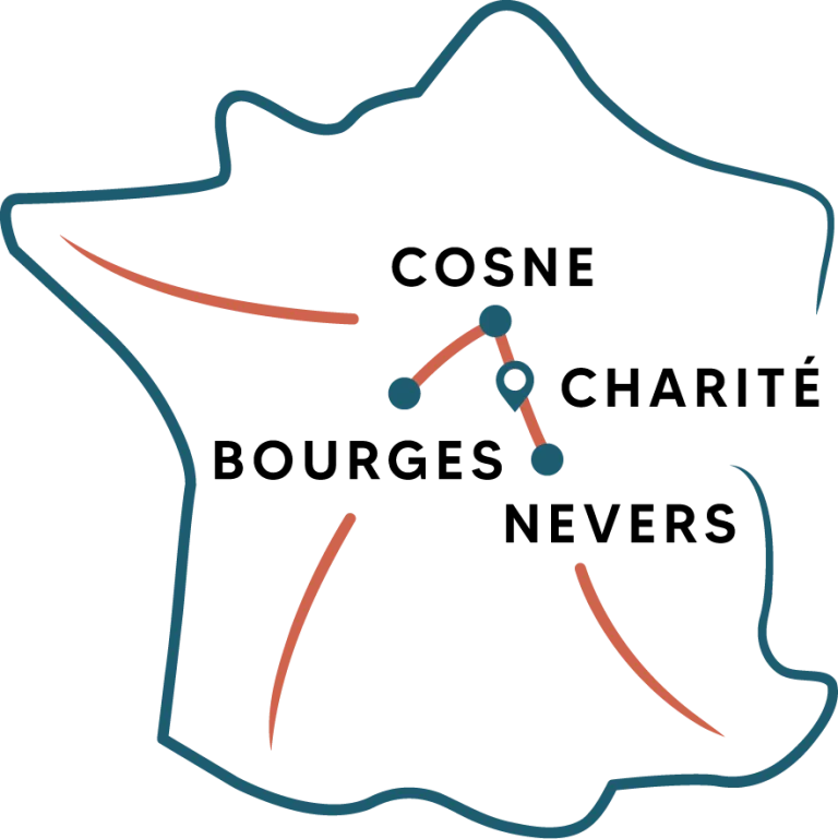 illustration de la carte de France avec Cosne-sur-Loire, la Charité-sur-Loire, Nevers et Bourges.
