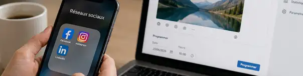 photo de quelqu'un qui a dans ses mains un téléphone portable avce les icônes Facebook, Instagram et LinkedIn.